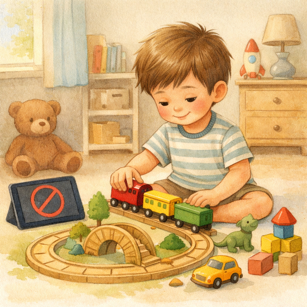 Child playing with toys instead of using a tablet after screen time restriction.