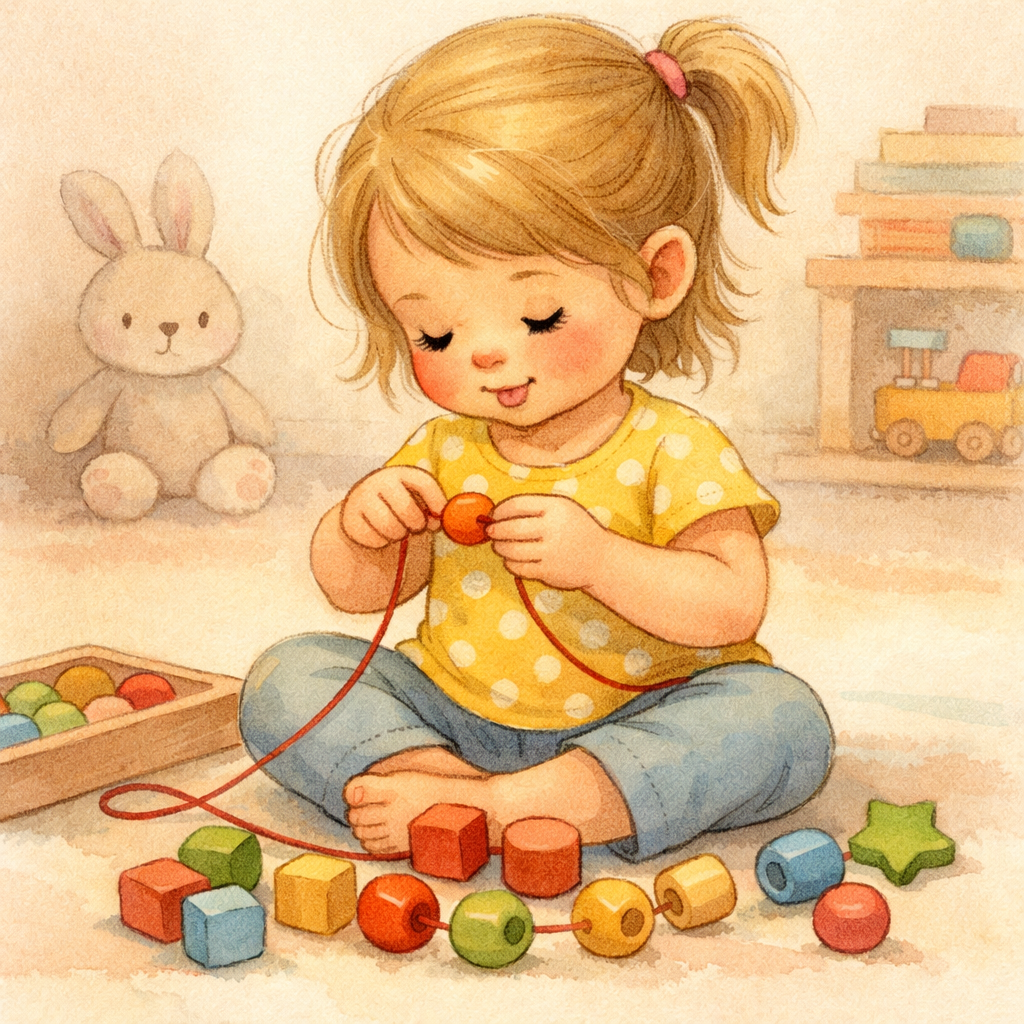 Child practicing fine motor skills with toys instead of using a touchscreen device.