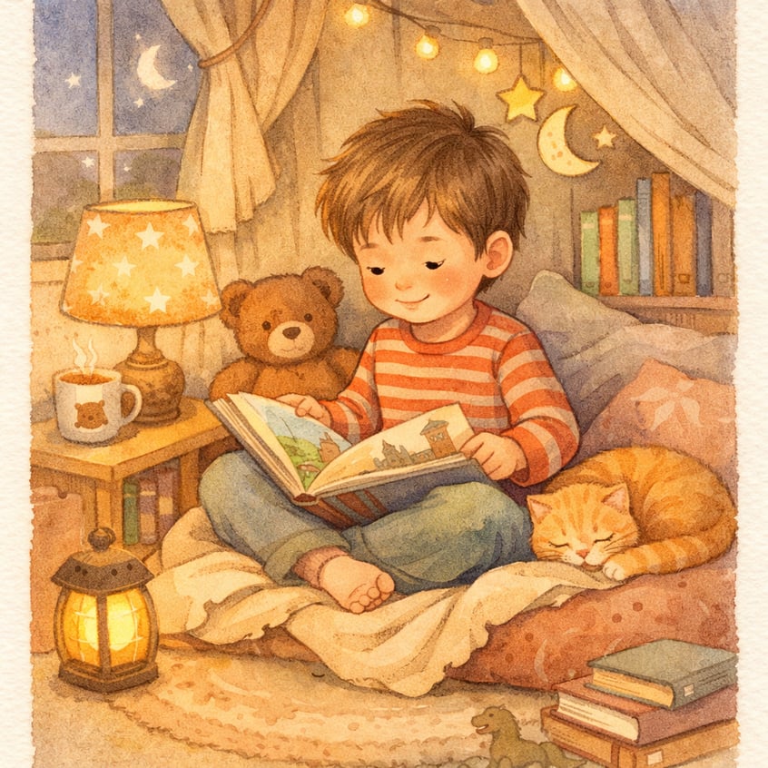 Child reading a storybook in a cozy corner instead of using a tablet.