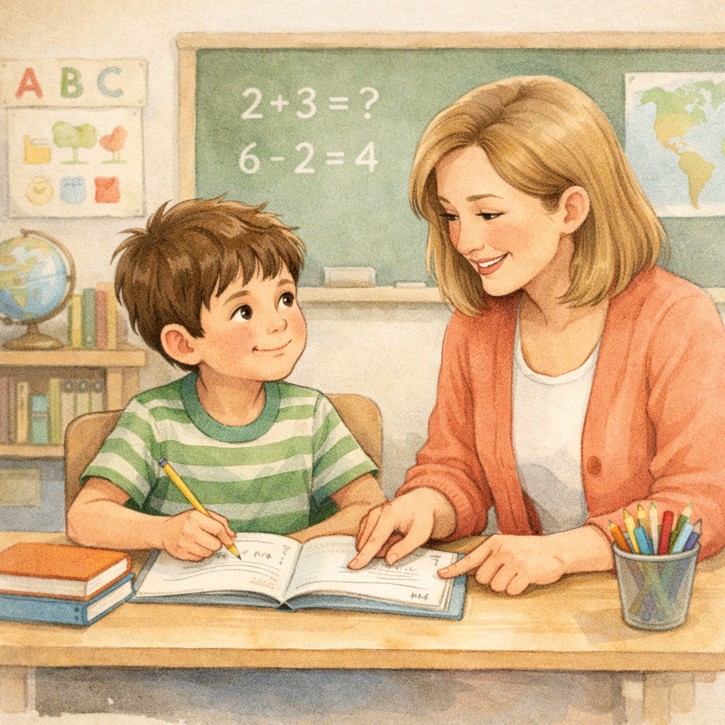 Teacher providing one-on-one learning support to an autistic student in a classroom.