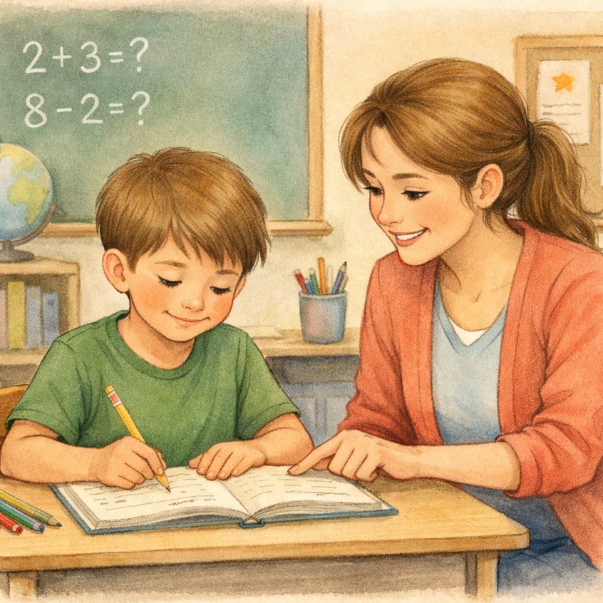 Child receiving learning support – A child working with a teacher who is providing individualized learning support in a classroom.