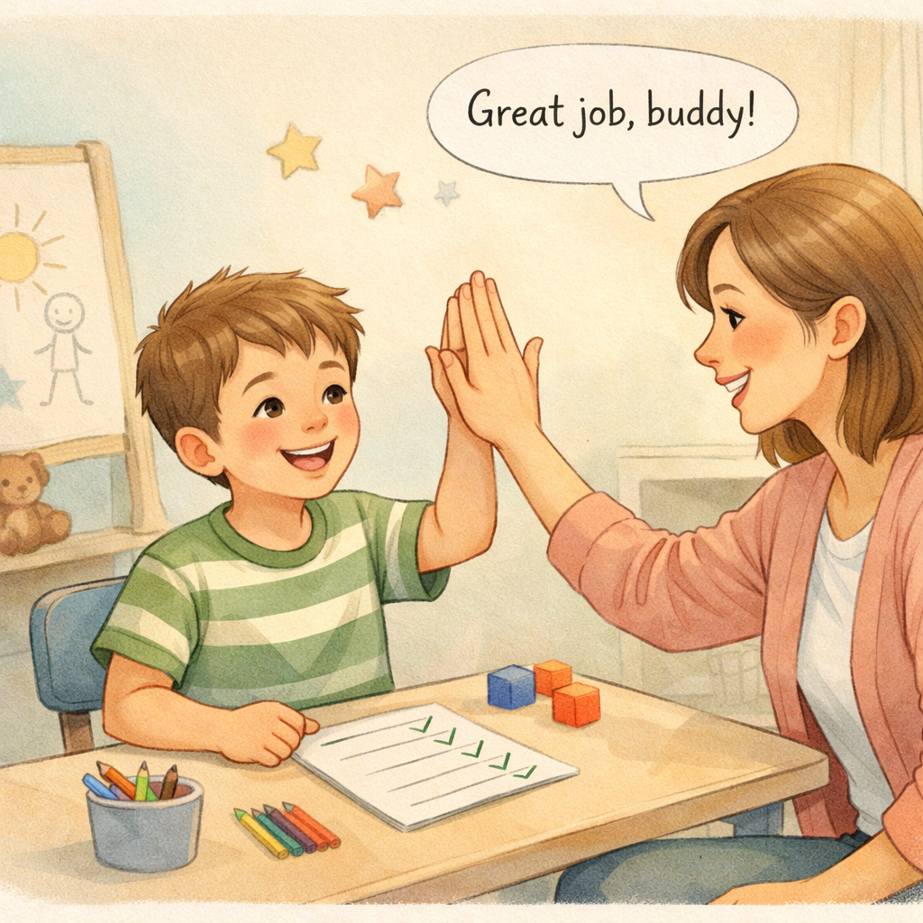 Child receiving praise after completing a task during a behavior therapy session.