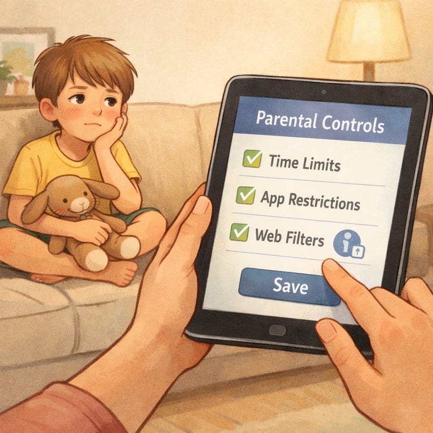 Child sitting on a couch as a parent sets parental controls on a tablet device.