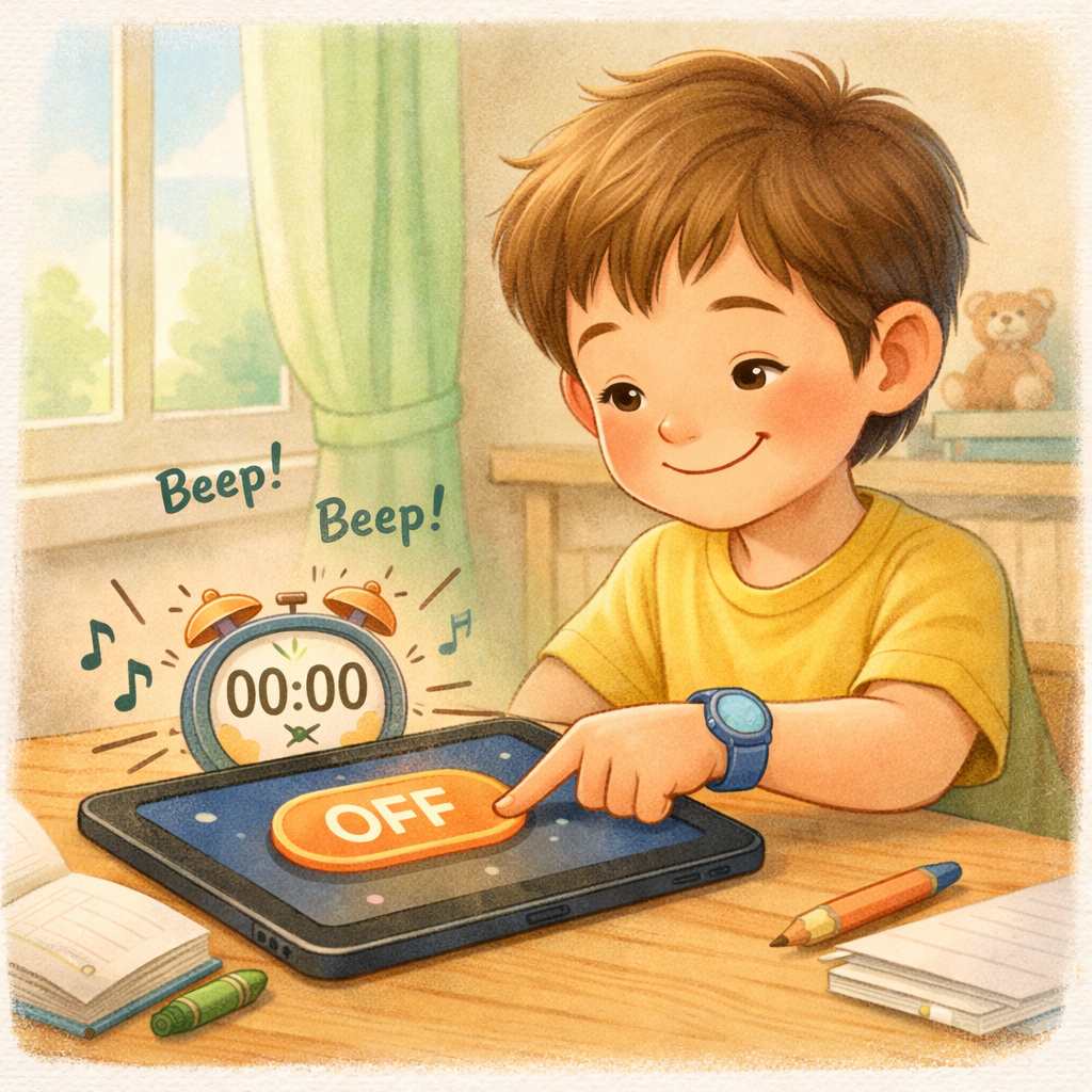 Child turning off a device after a timer signals screen time is over