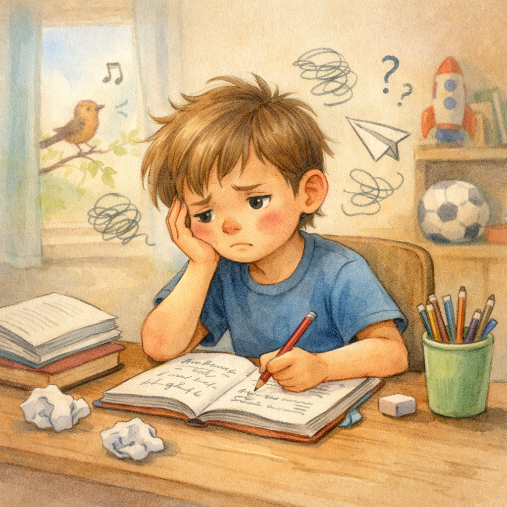Child struggling to concentrate on homework while sitting at a desk.