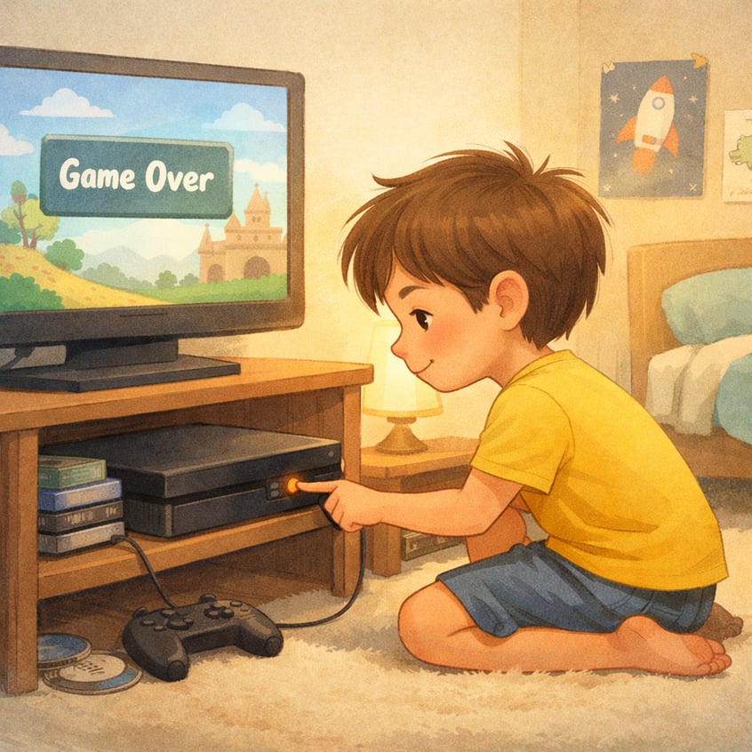 Child turning off a video game console to take a break and play outside.