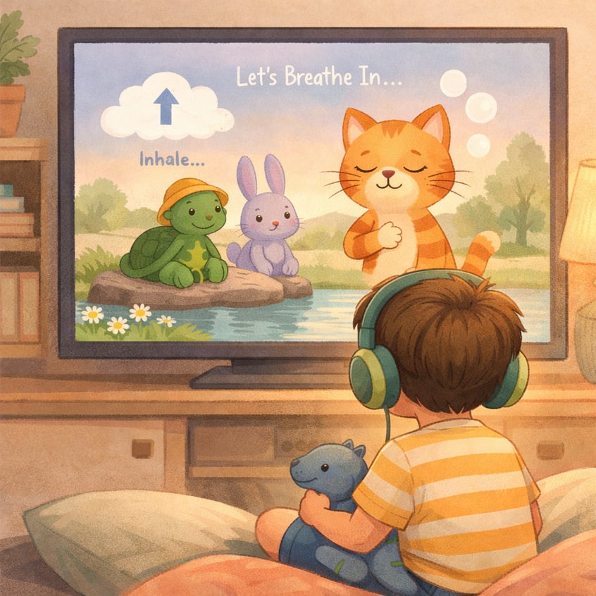 Child relaxing on the couch while watching a sensory-friendly children’s program.