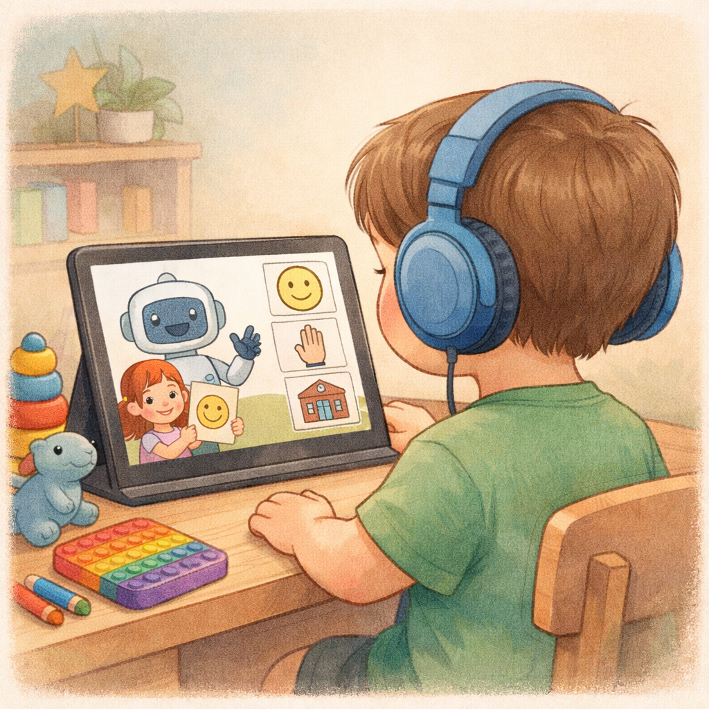 Child wearing headphones while watching a learning video designed for children with autism.
