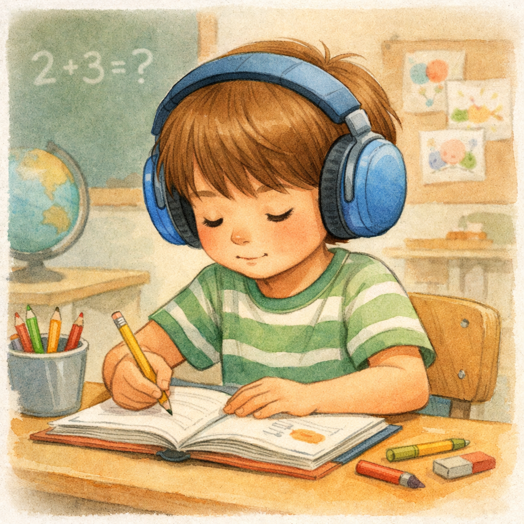 Child wearing noise-canceling headphones while completing a classroom activity.