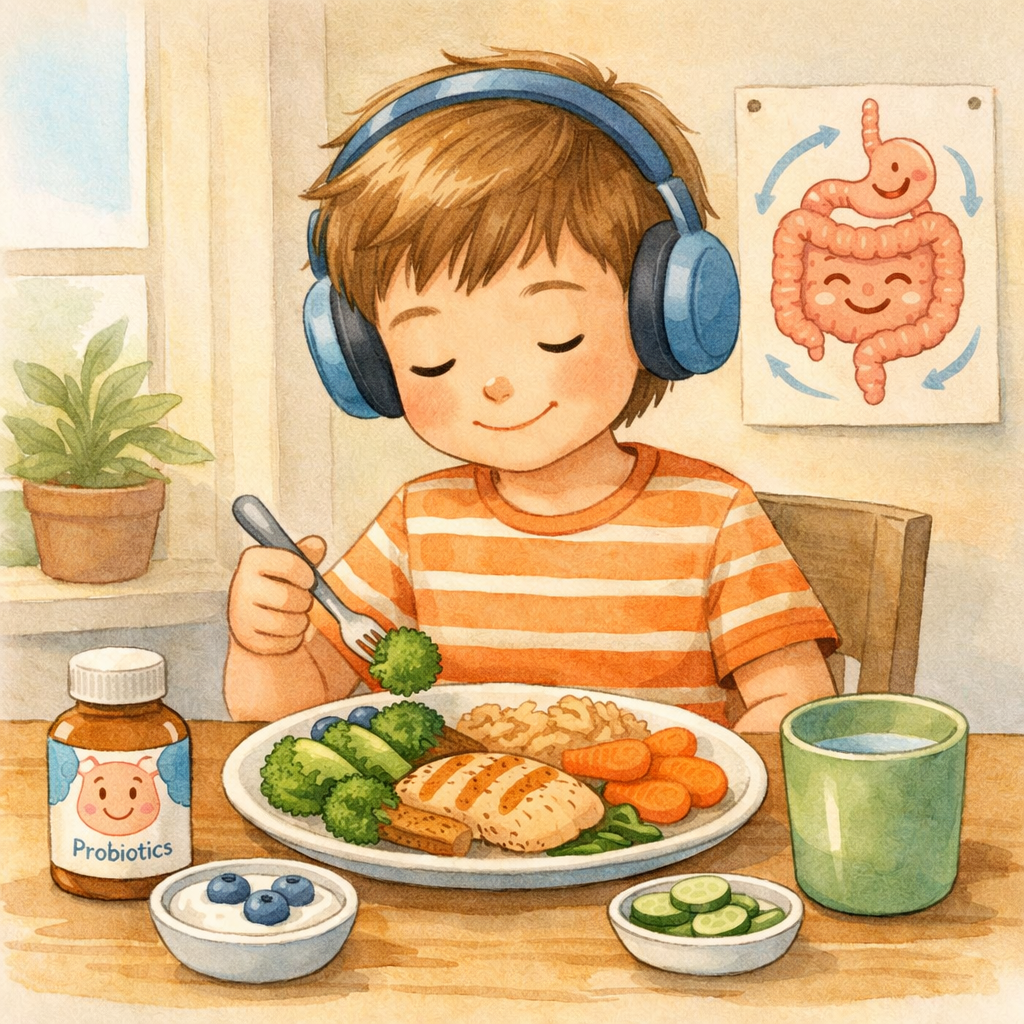 Child with autism eating a balanced meal that supports digestive health.