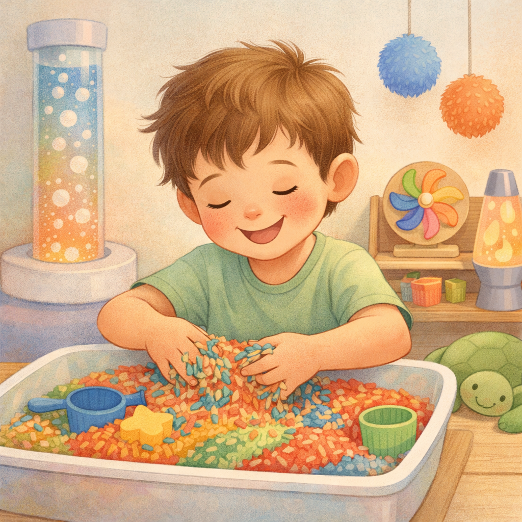 Child taking a break from a tablet to play with sensory toys on the floor.