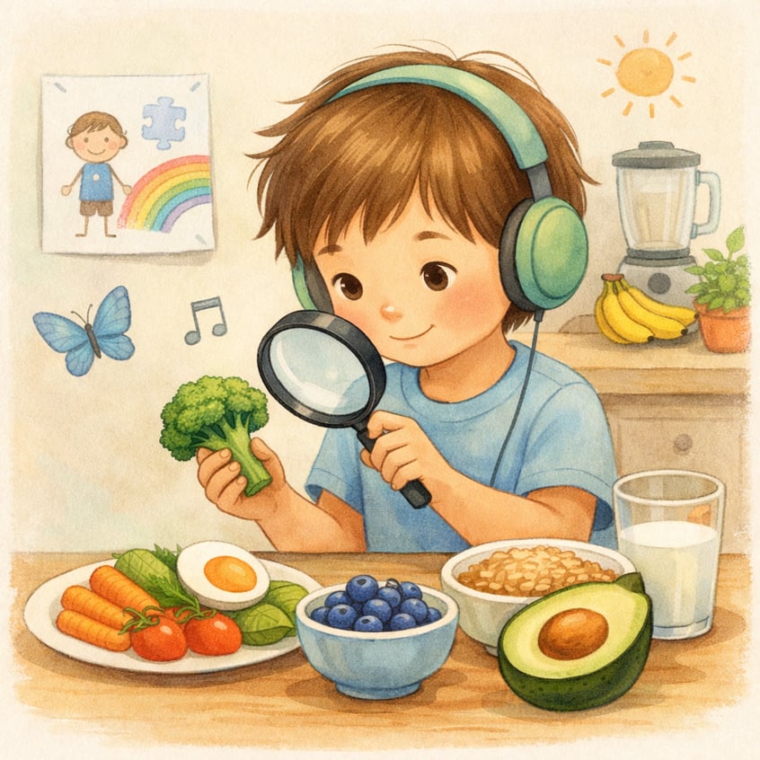 Child with autism exploring nutritious foods that support healthy eating habits.