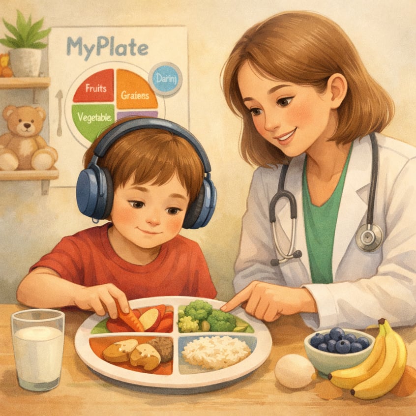 Child with autism learning about balanced nutrition with guidance from a pediatric nutritionist.