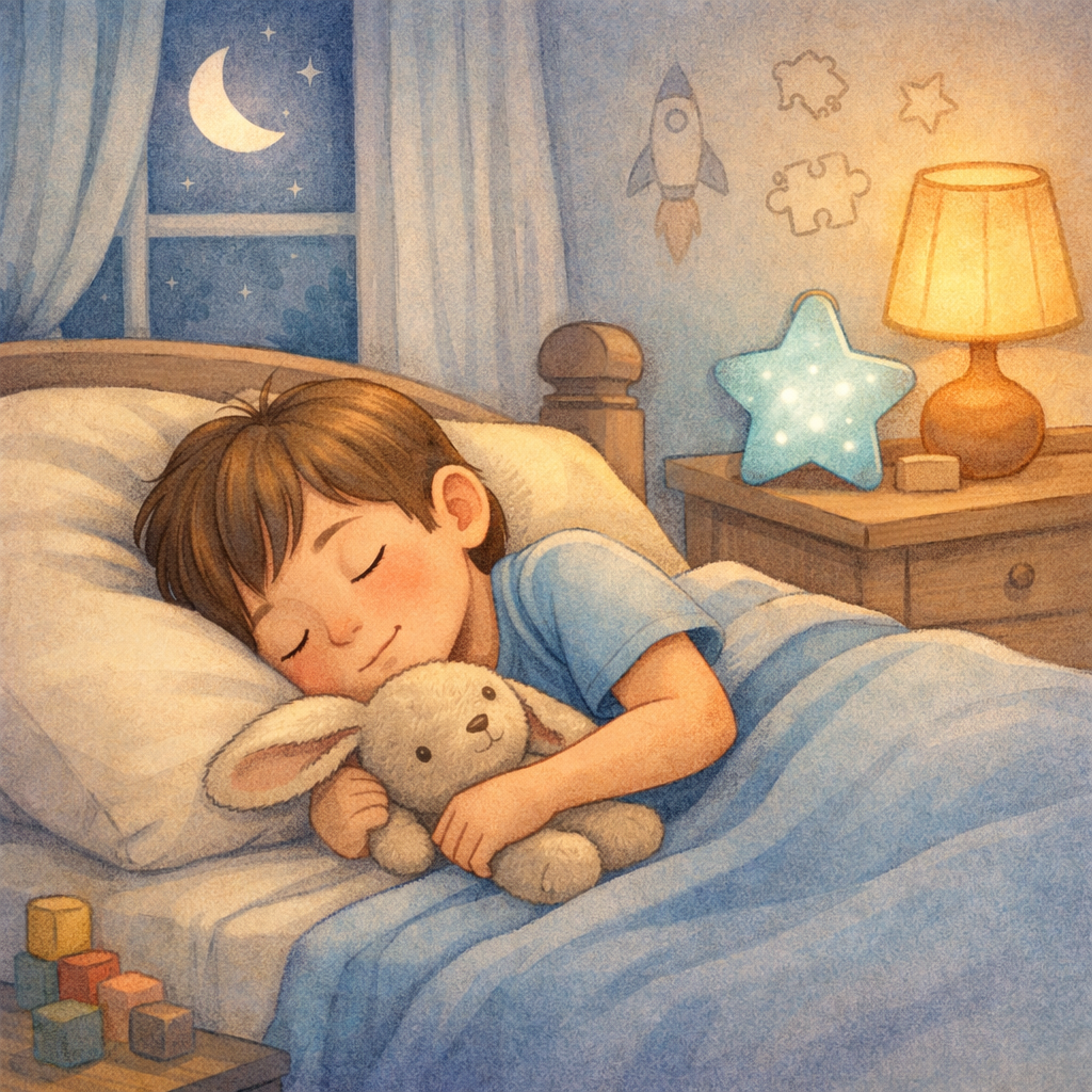 Quiet sensory-friendly bedroom – A calm bedroom setup with soft lighting, minimal decorations, and comfortable bedding to support better sleep for autistic children.