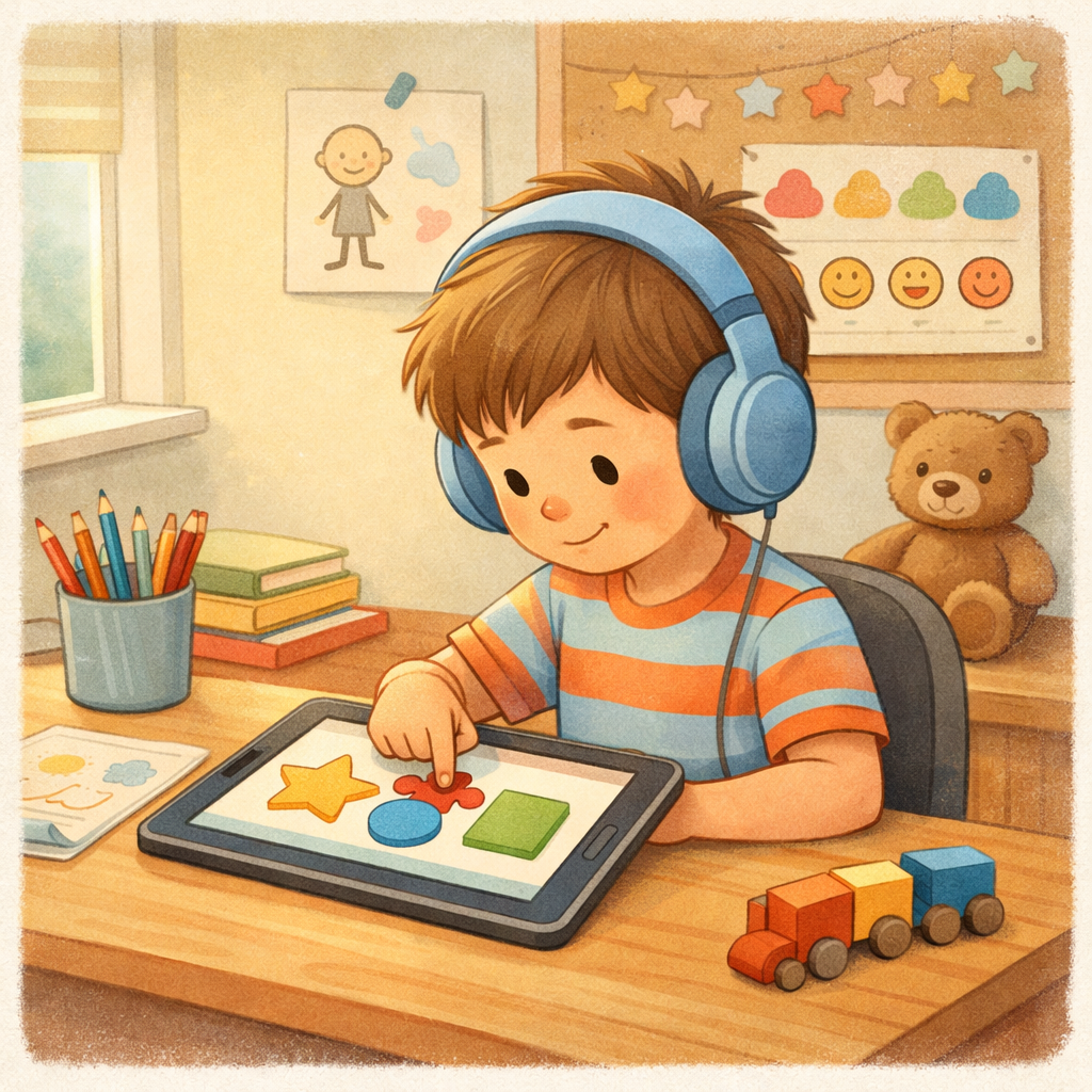 Child with autism using a tablet for an educational activity at a desk.