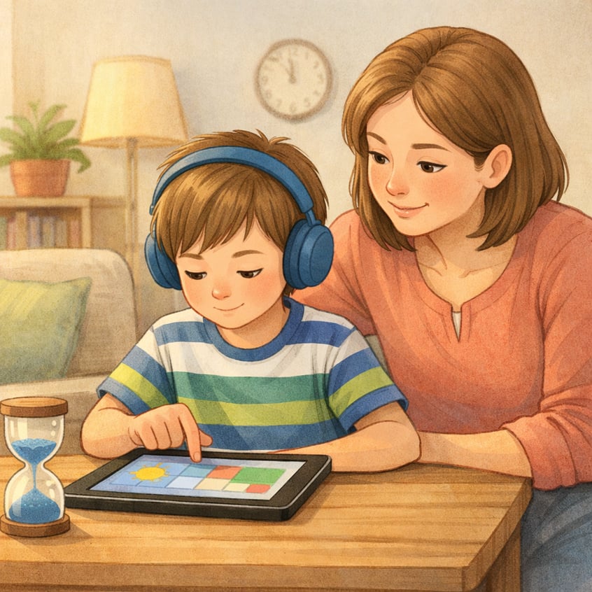 Child using a tablet for learning while sitting in a comfortable study space.