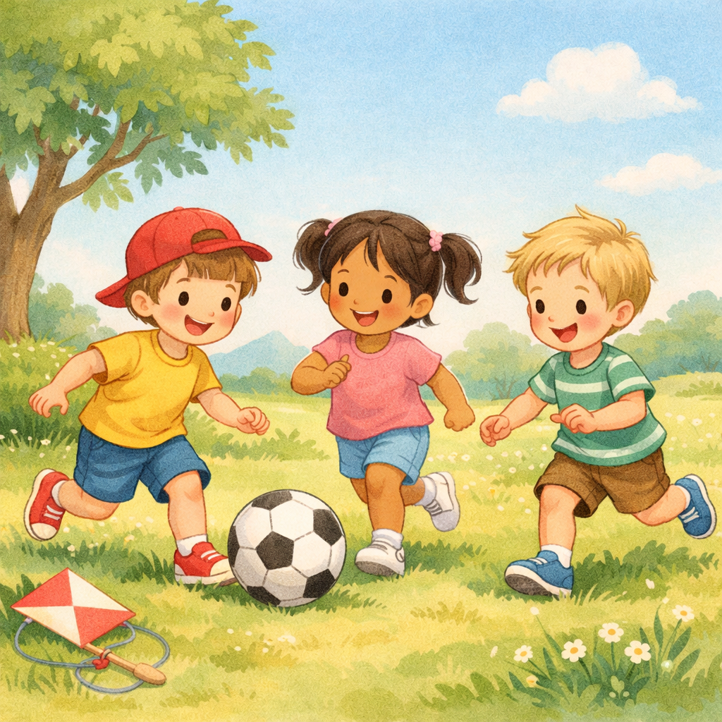 Children playing outside in a park while running and laughing together.