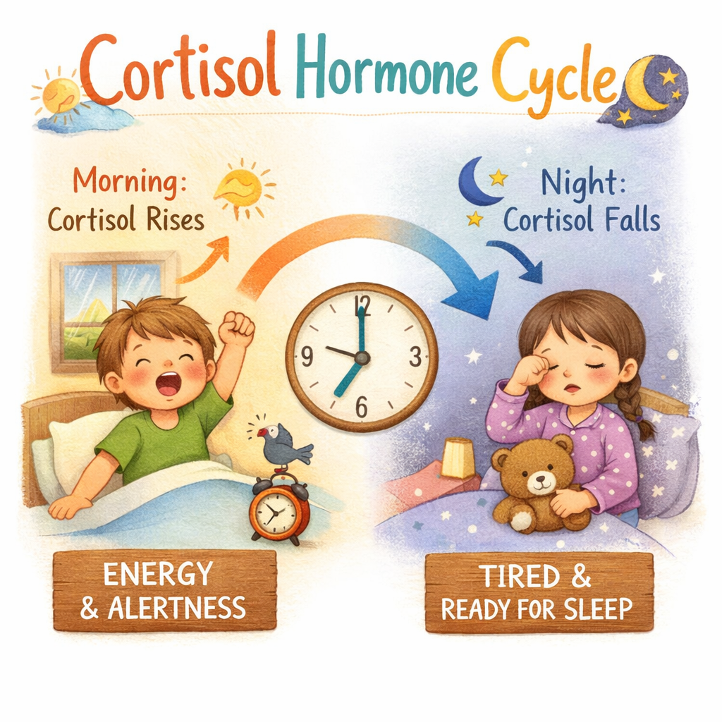 Graph illustrating how Cortisol levels rise in the morning and fall at night.