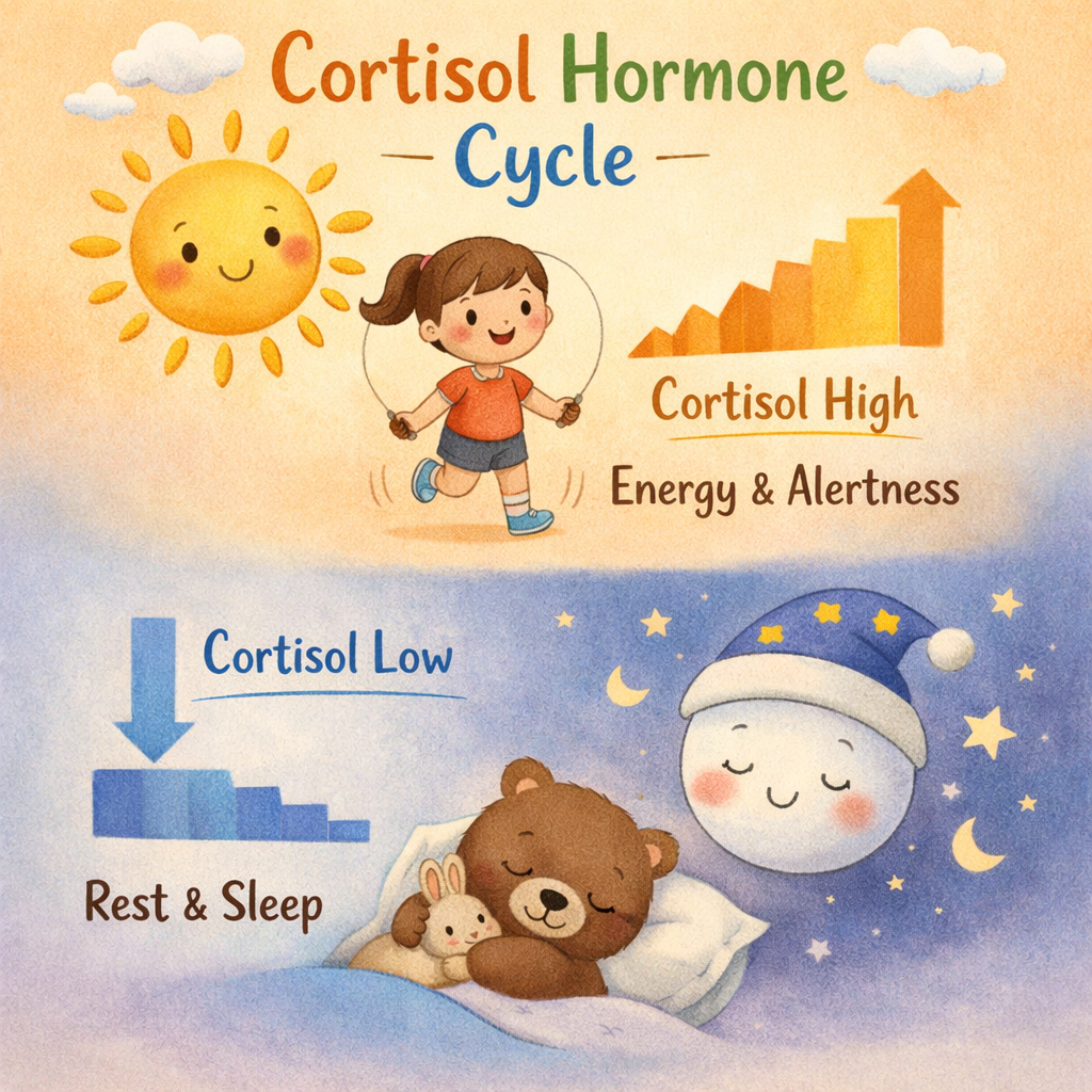 Graph illustrating how Cortisol levels rise in the morning and fall at night.