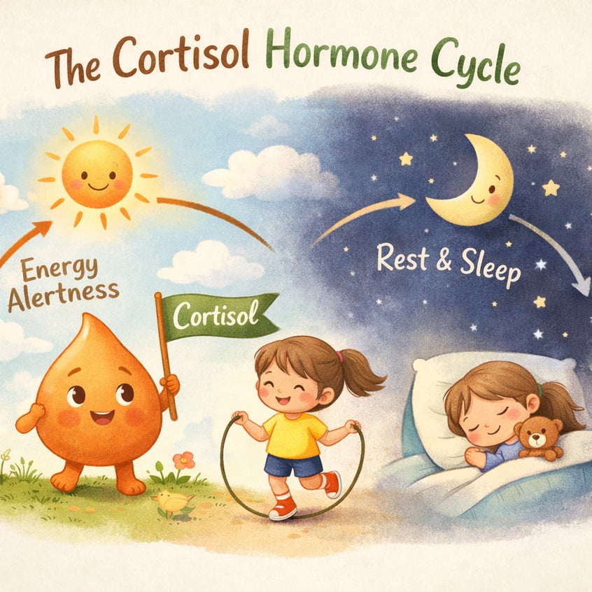 ealth infographic linking sleep patterns with the Cortisol hormone cycle.