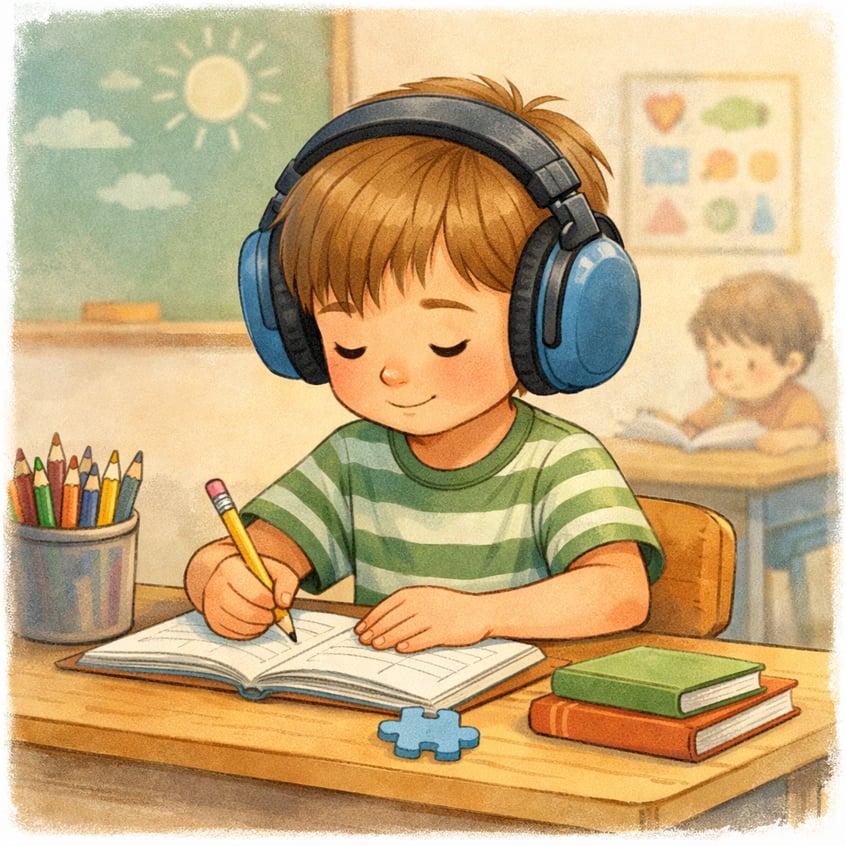 Autistic child wearing noise-canceling headphones while working at a desk in class.