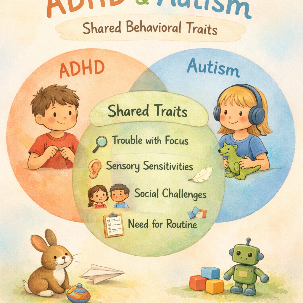 Diagram explaining how ADHD and autism can share behavioral features.
