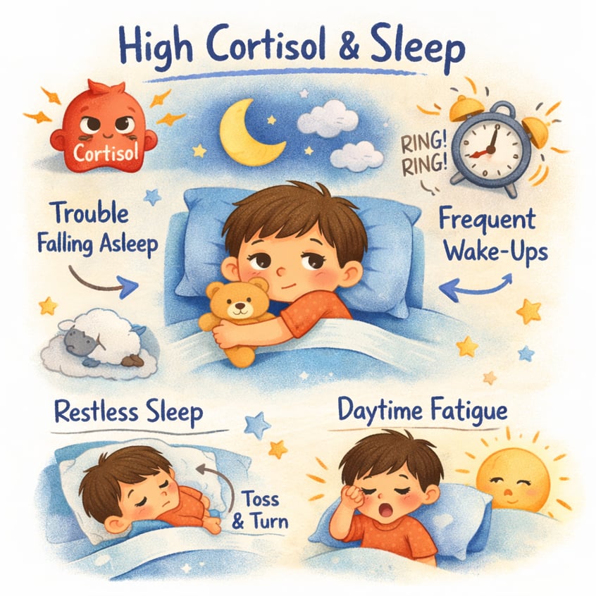 Diagram explaining the effects of high cortisol on sleep, mood, and metabolism.