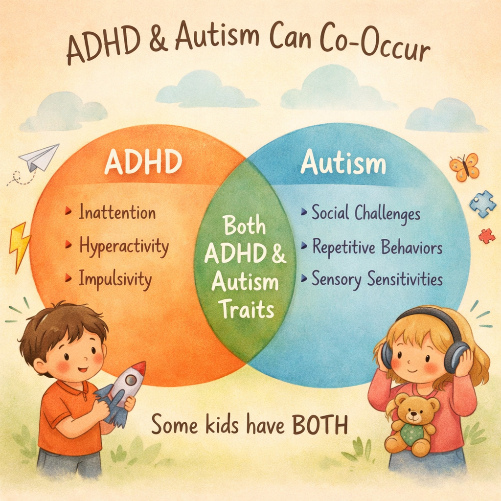 Diagram showing how ADHD and autism can co-occur in some children.