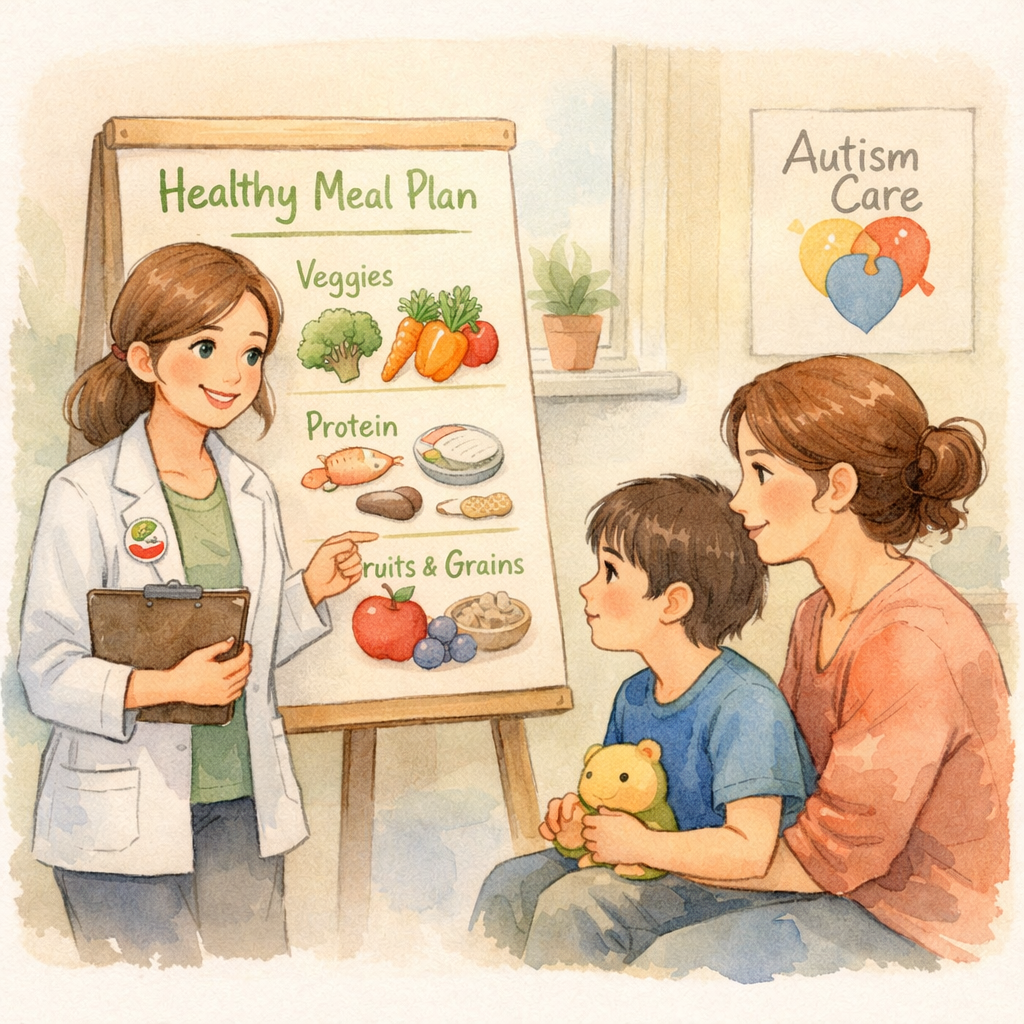 Dietitian explaining a healthy meal plan for a child with autism to a parent.