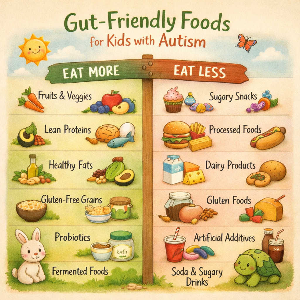 Educational chart comparing gut-friendly foods and foods to avoid for children on the autism spectrum.