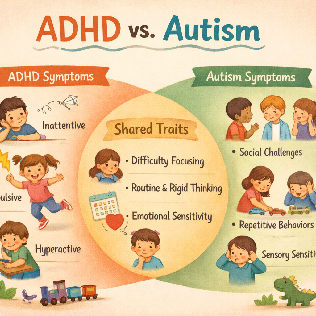 Educational chart comparing symptoms of ADHD and autism with areas of overlap.