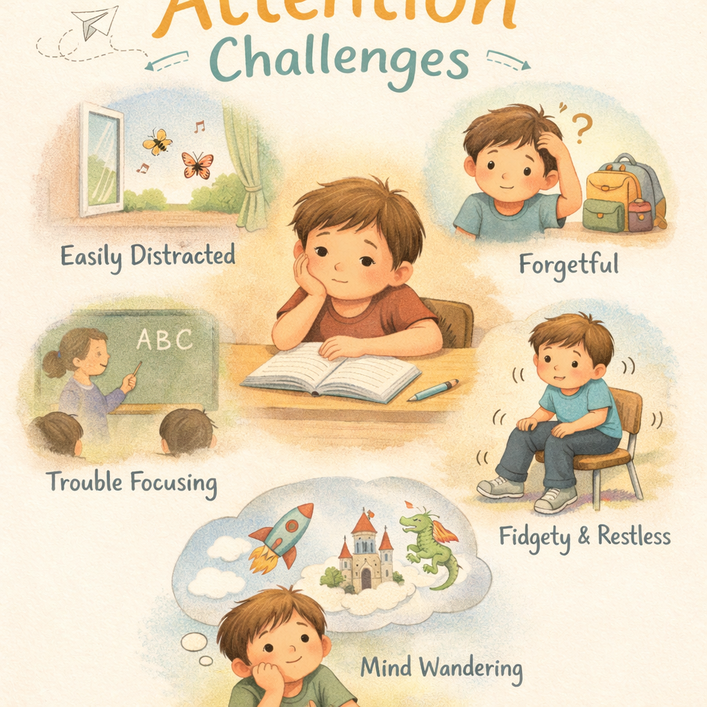 Educational chart highlighting attention challenges and sensory sensitivities.