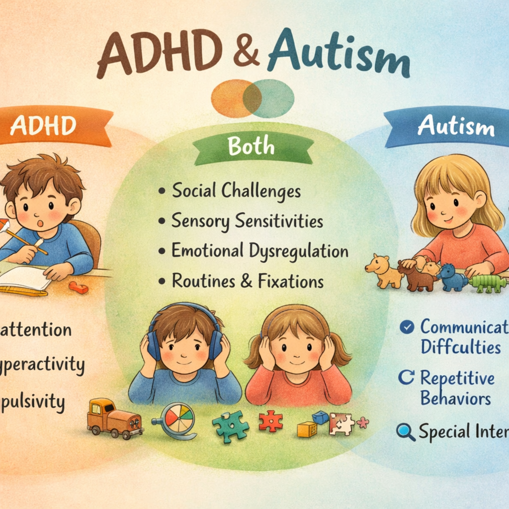 Educational chart highlighting overlapping and distinct symptoms of ADHD and autism.
