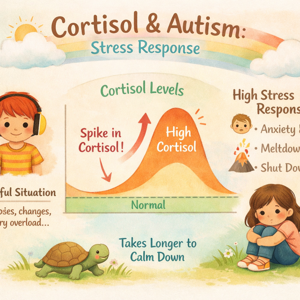 Educational infographic showing how cortisol levels relate to stress responses in autistic individuals.