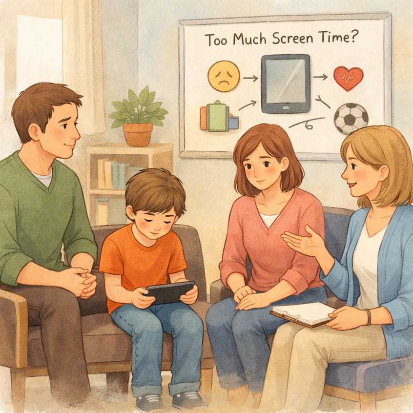 Family attending a counseling session to address a child’s excessive screen habits together.