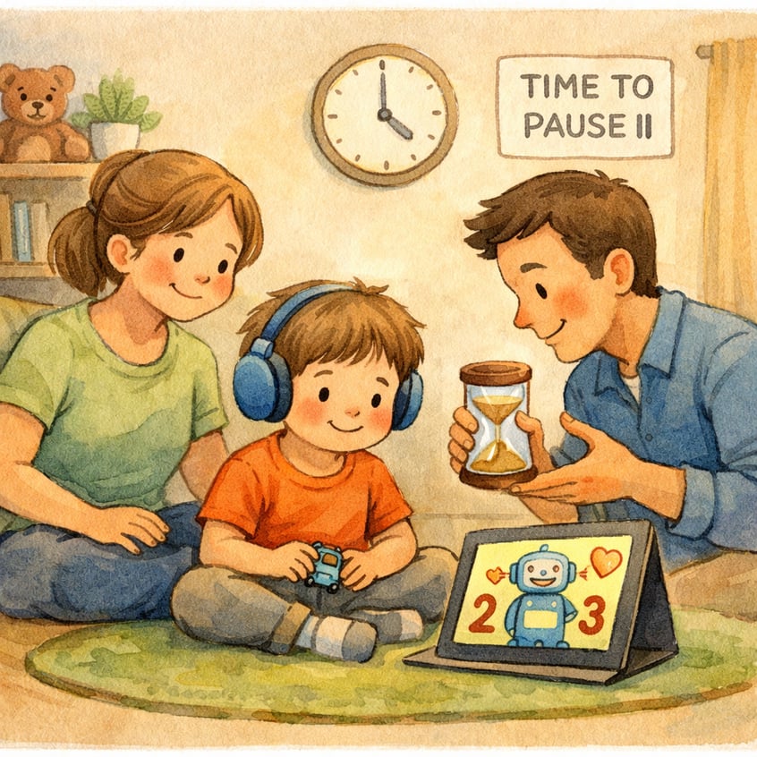 Parent guiding a child with autism through a screen-free activity like drawing or building blocks.