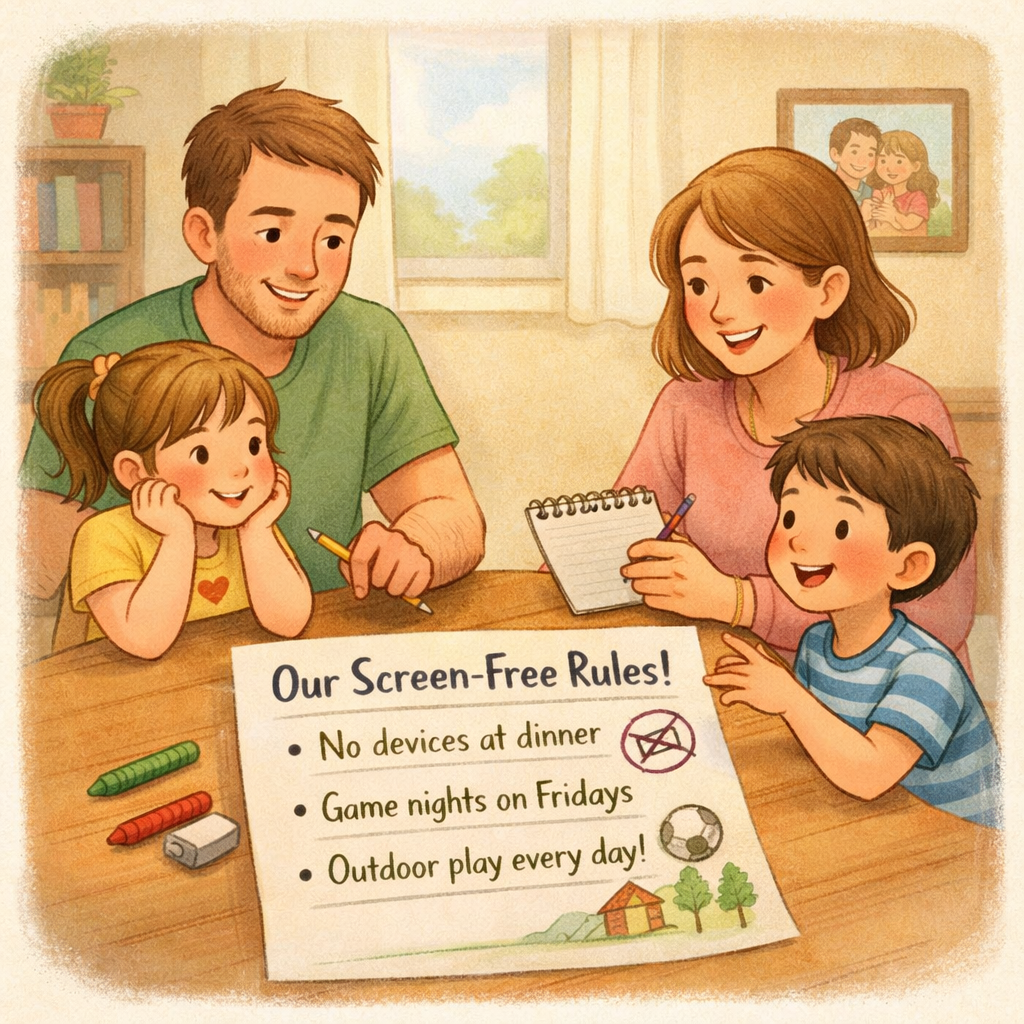 Family creating screen-free rules together at home
