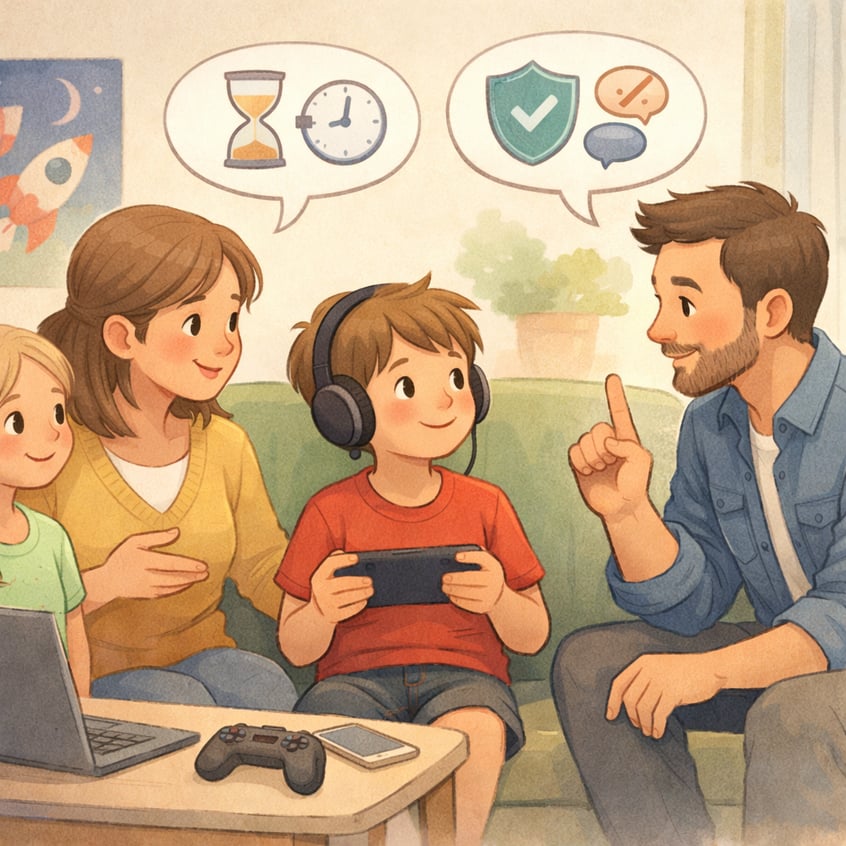 Family discussing gaming rules – Parents talking with a child about healthy gaming habits and online safety.