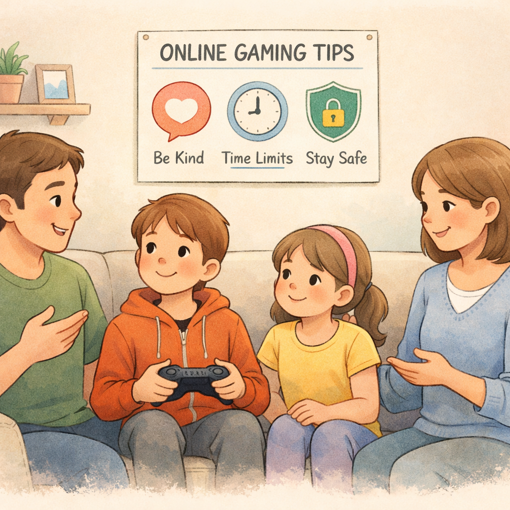 Family discussing safe and responsible online gaming habits.