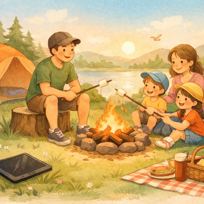 Family engaging in outdoor activities as an alternative to tablet use.