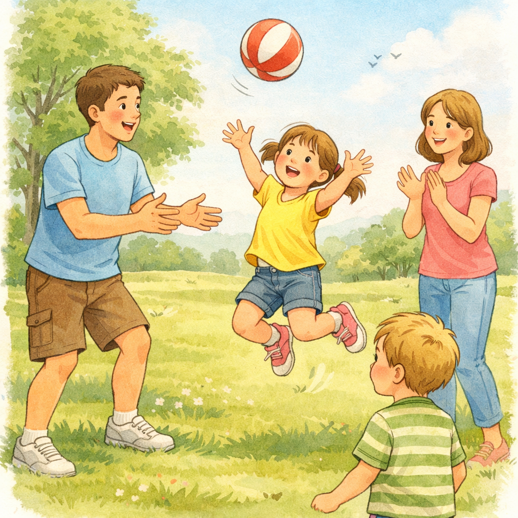 Family playing outdoor together as an alternative to screen time.