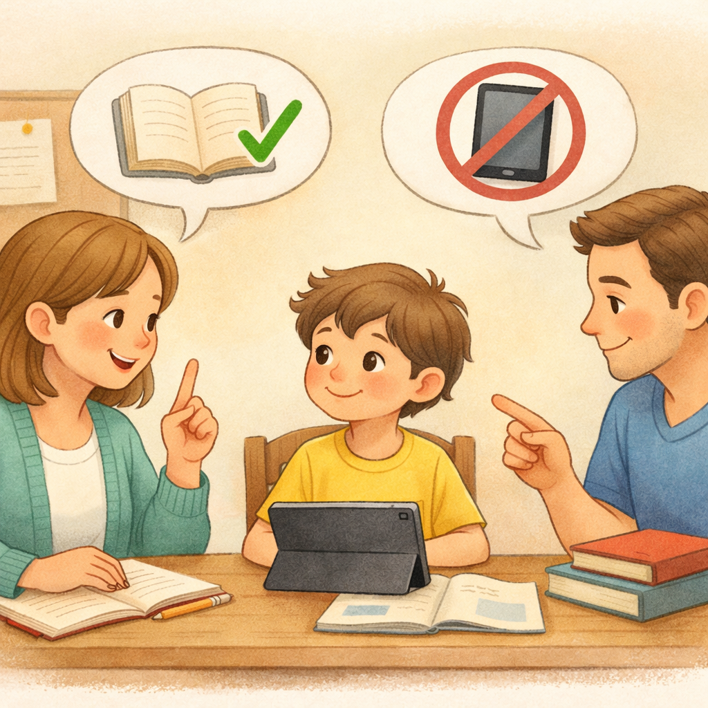 Parent sitting beside child, guiding them to end screen time with a calm conversation.