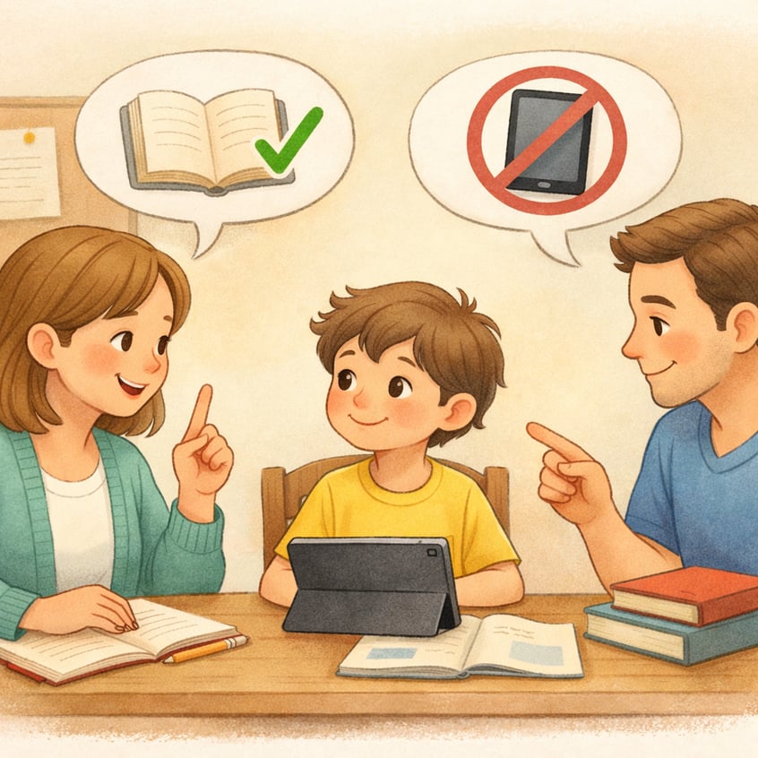 Family setting rules for tablet use during homework time.