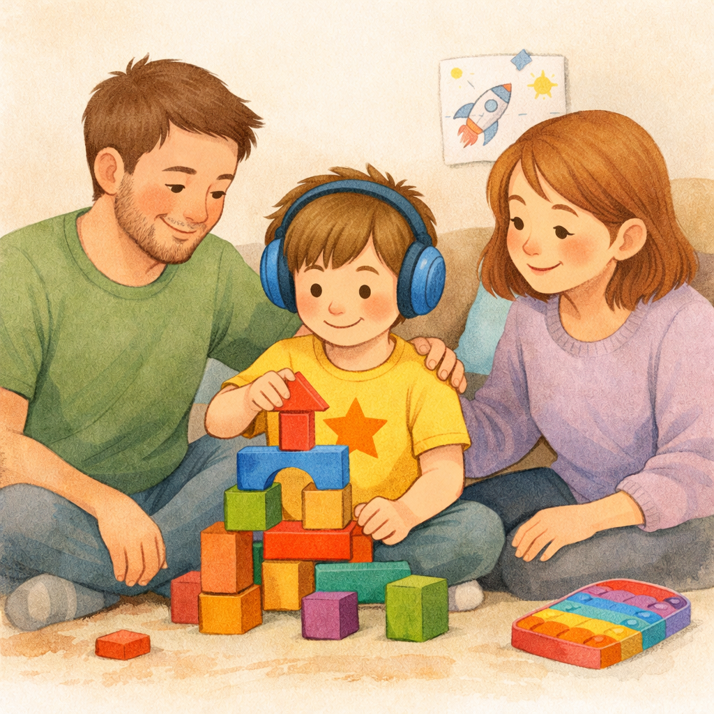 Structured playtime at home – A child playing with building blocks while a parent encourages learning through play.
