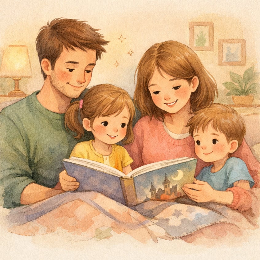 Parent reading bedtime story – A parent reading a book to a neurodiverse child as part of a calming bedtime routine.