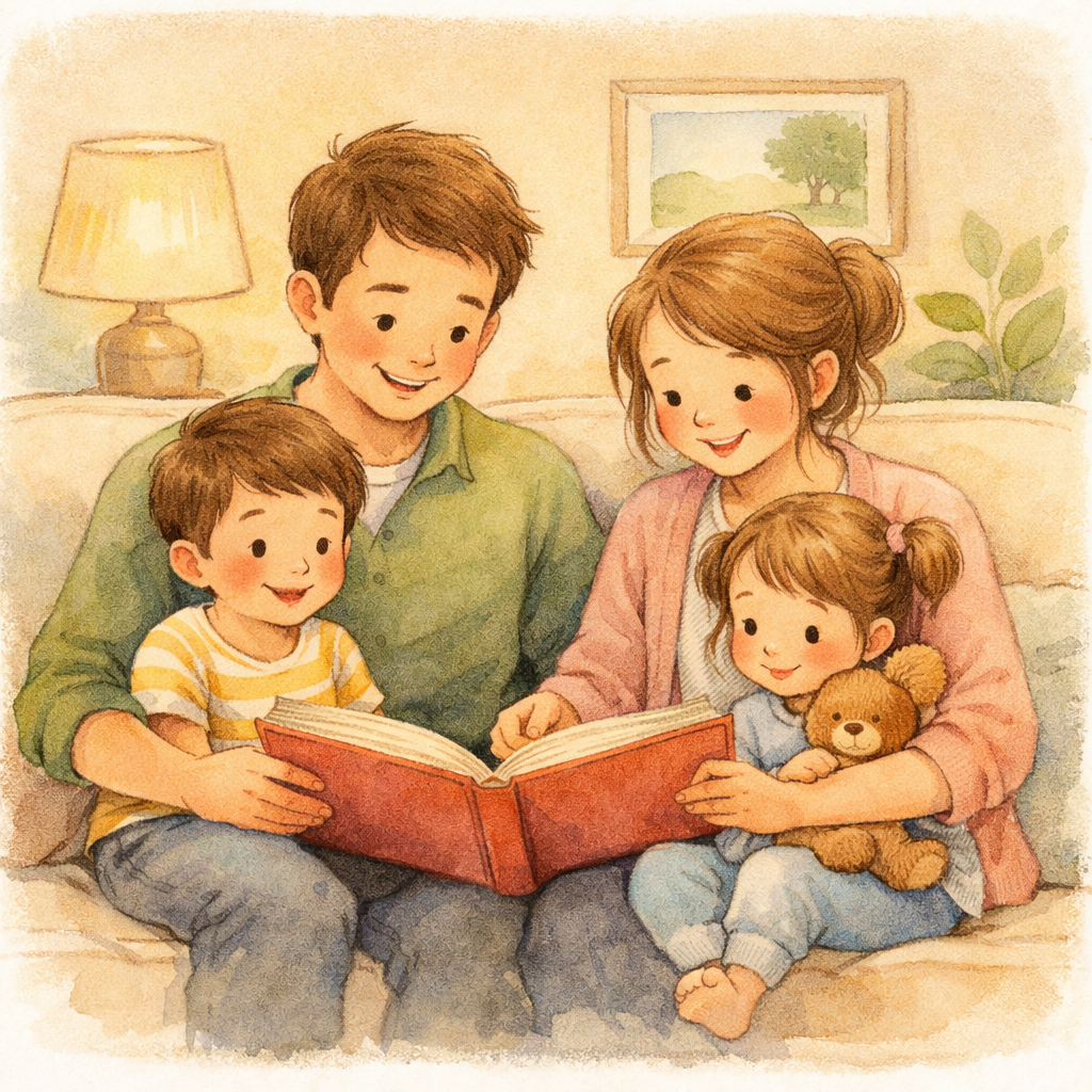 Family sitting on the couch together reading books during a cozy screen-free evening.