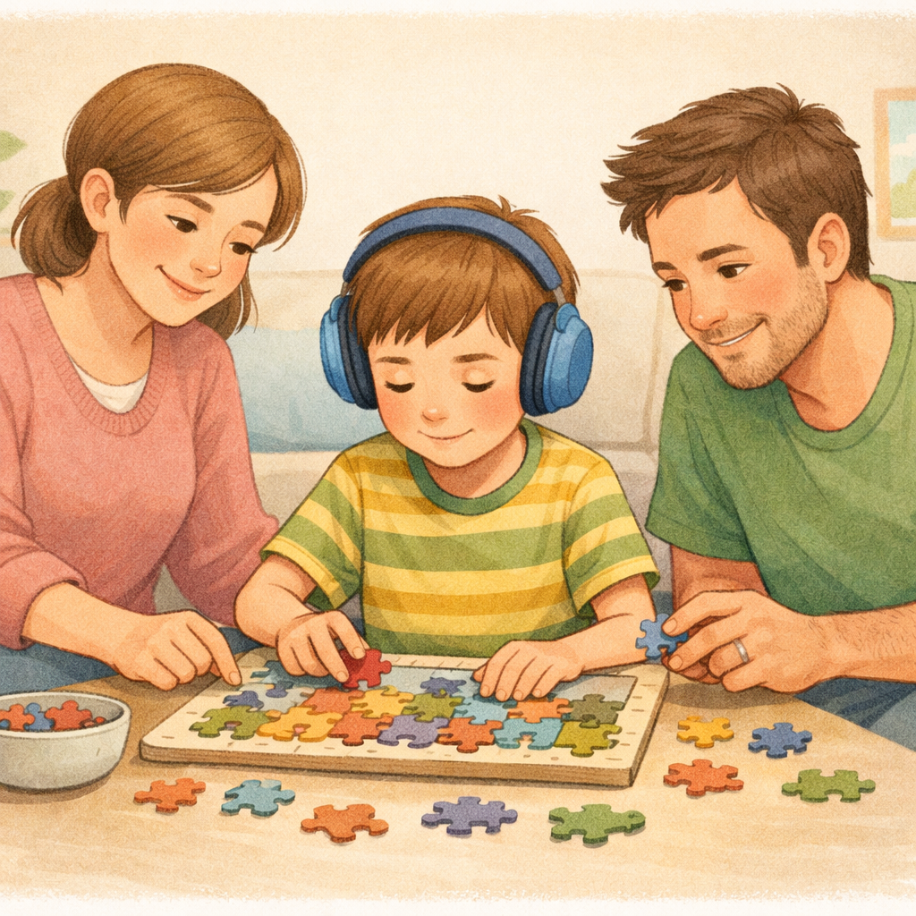 Parent helping a neurodivergent child practice focus with a simple puzzle activity.