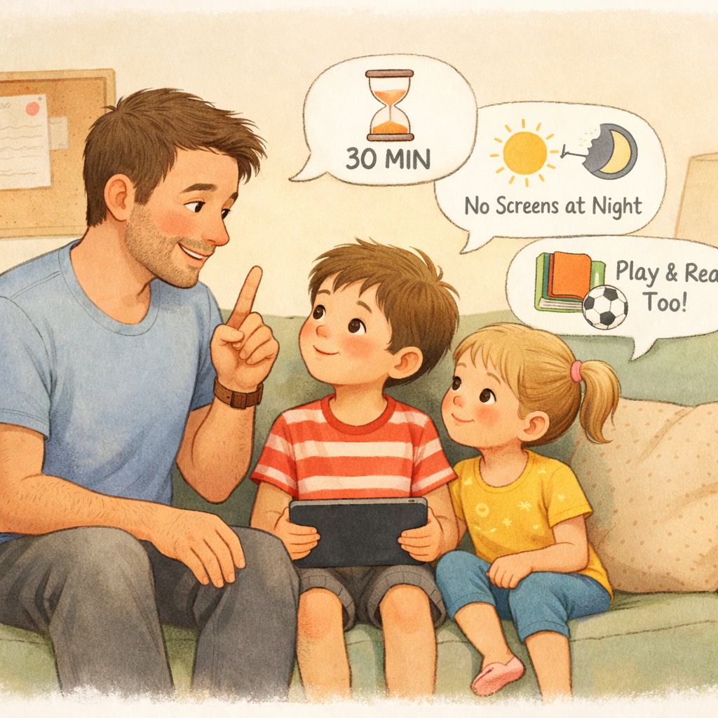 Parent showing a daily schedule chart with clearly marked screen time limits for children.