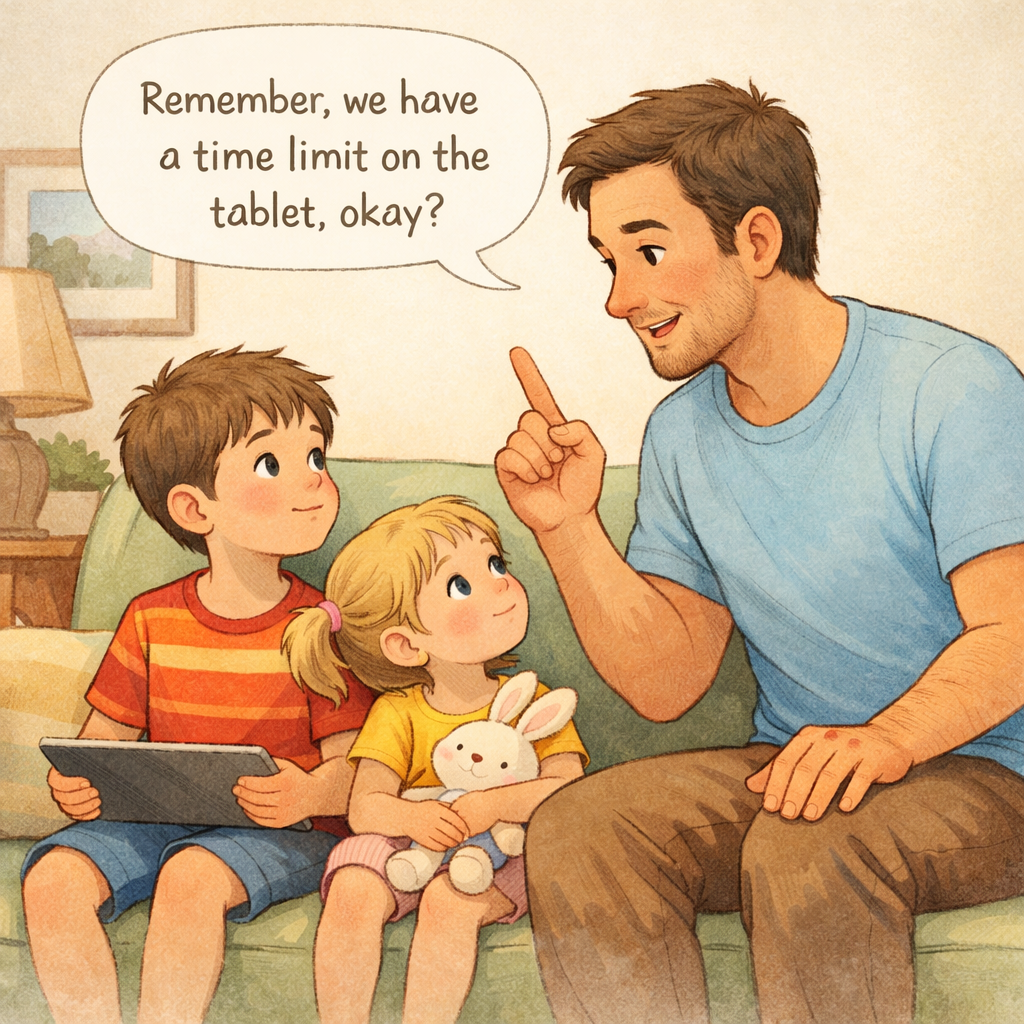 Father explaining screen time rules to children sitting on a couch with a tablet.