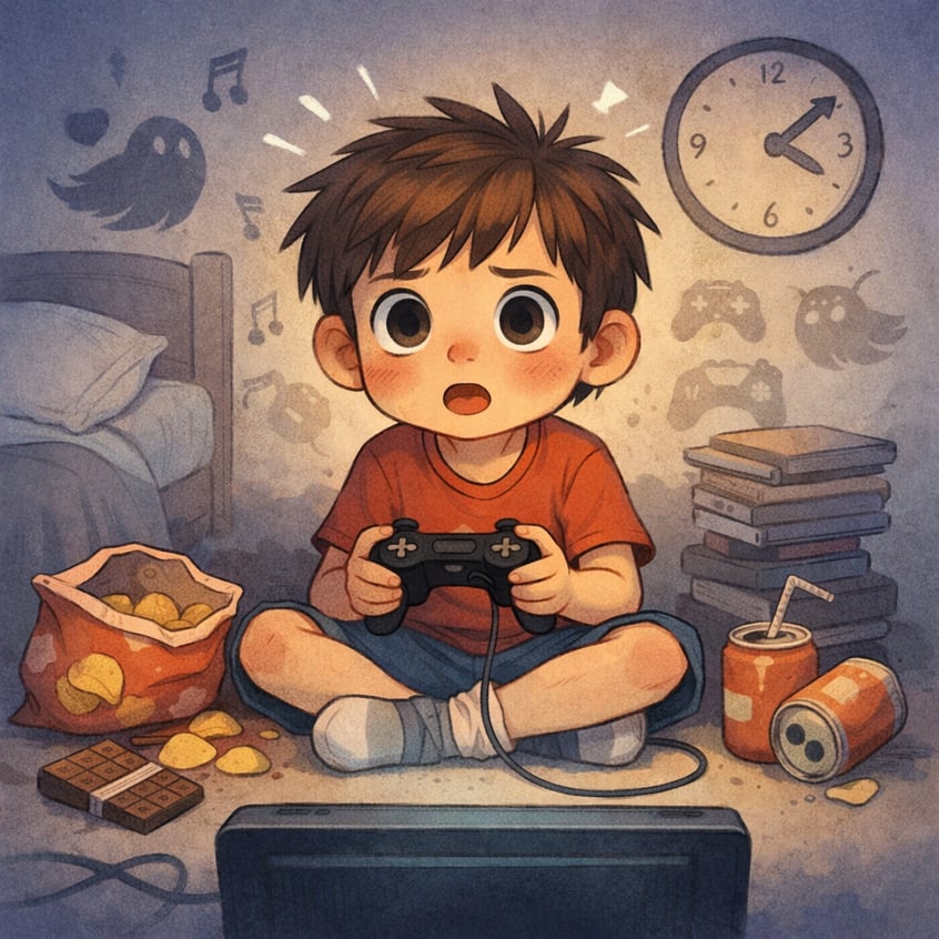 Teen staying up late to play video games while a digital clock shows early morning hours.